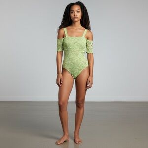HAH Hot As Hot Lime Green Lace Off The Shoulder Bodysuit with Partial Bra Lining